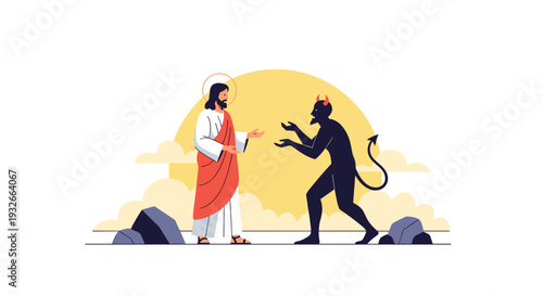 Religious illustration of Jesus Christ speaking with a dark devil figure in a desert landscape during sunset.