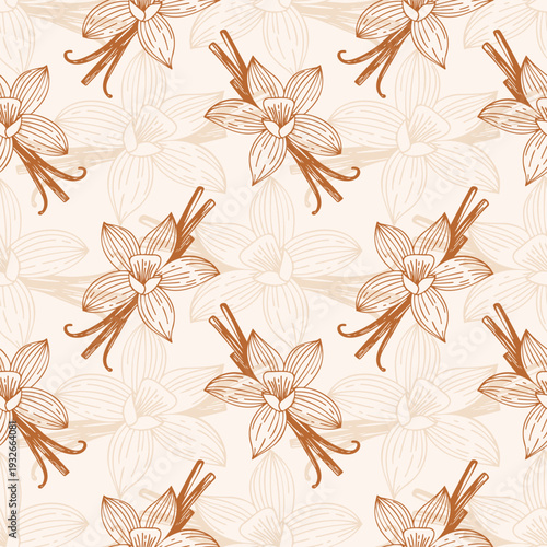 Aromatic soft creme pattern featuring vanilla flowers and pods. Warm brown and beige tones, perfect for backgrounds, textiles, food packaging, or cosmetics.