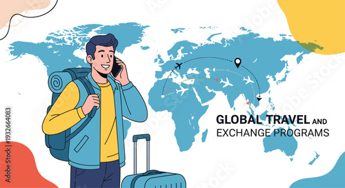 Young man with a backpack on a phone call with suitcase and world map for global travel and exchange programs.