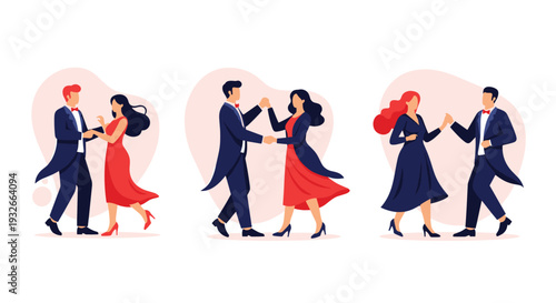 Elegant couples in formal tuxedos and red or blue dresses dancing together at a ballroom gala or wedding party.