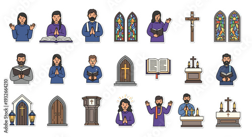 Extensive set of religious stickers and icons featuring priests bibles churches and people praying for christian themes.