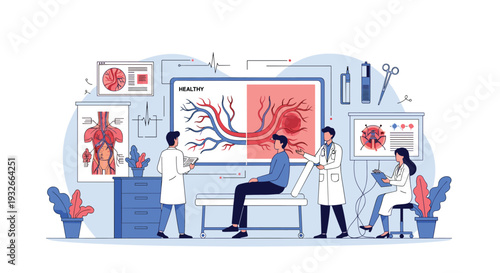 Medical team of doctors and scientists analyzing the human vascular system in a futuristic high tech laboratory.
