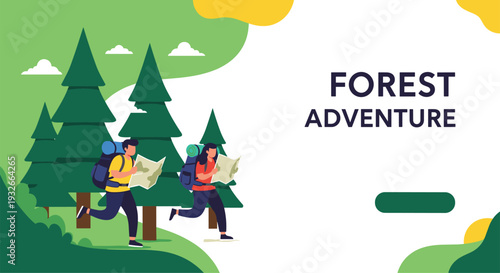 Young man and woman with backpacks and maps hiking in a pine forest for an outdoor adventure banner design.