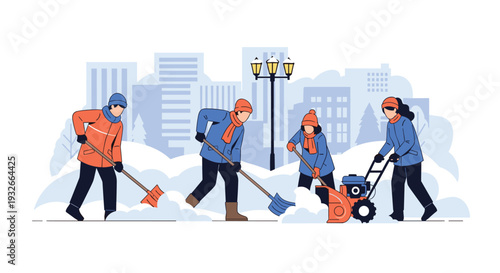 Group of people in warm winter clothing clearing heavy snow from a city sidewalk with shovels and a snowblower.
