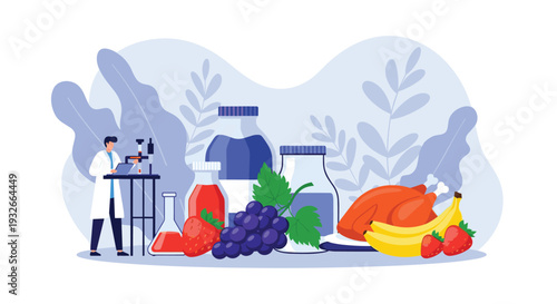 Scientist in a laboratory testing the quality and safety of various fresh food products like milk chicken and fruit.