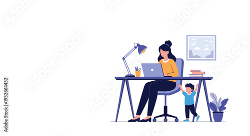 Busy mother working on a laptop at her desk while her small child seeks attention illustrating work life balance.