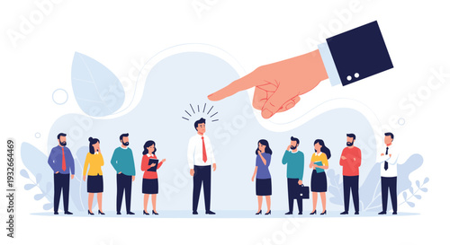 Big hand pointing at one specific man in a line of diverse business people as a concept for human resources and selection of candidates.