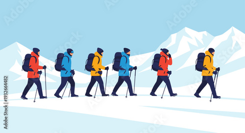 Group of mountain hikers wearing warm winter clothing and using poles while walking in a line across a snowy landscape during cold season.