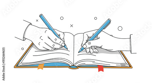 Close up view of two hands writing notes or thoughts in an open notebook with blue pens as a representation of education and creative planning.