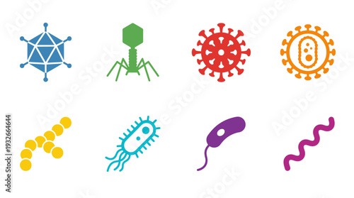 Microorganism Icon Set – Scientific Illustrations Featuring Virus, Bacteria, Fungi, and Microbe Variants for Biology Graphics, Medical Research, and Educational Projects