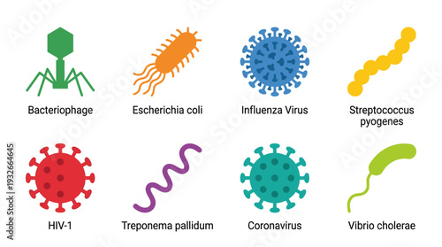 Microorganism Icon Set – Scientific Illustrations Featuring Virus, Bacteria, Fungi, and Microbe Variants for Biology Graphics, Medical Research, and Educational Projects