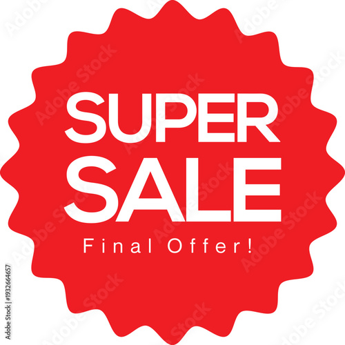 A red super sale badge with white text