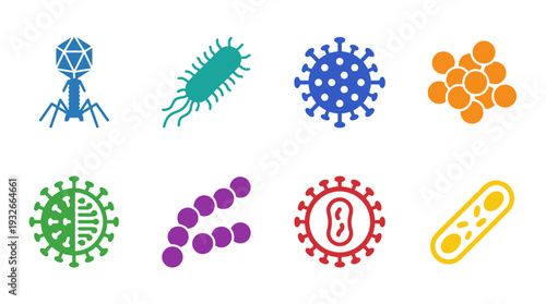 Microorganism Icon Set – Scientific Illustrations Featuring Virus, Bacteria, Fungi, and Microbe Variants for Biology Graphics, Medical Research, and Educational Projects