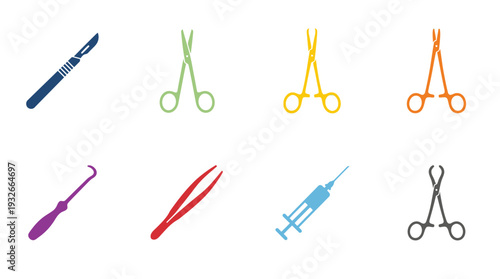 Surgical Instruments Icon Set – Medical Illustrations Featuring Scalpel, Forceps, Scissors, Syringe, Tweezers, Hook, and Clamps for Healthcare Graphics and Clinical Projects