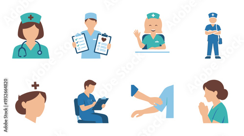 Nursing Staff Icon Set – Medical Illustrations Featuring Nurses, Assistants, Patient Care, and Hospital Roles for Healthcare Graphics, Clinical Education, and Professional Projects