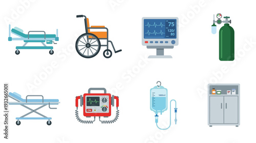 Hospital Tools Icon Set – Medical Illustrations Featuring Bed, Wheelchair, Monitor, Oxygen Tank, Stretcher, Defibrillator, IV Bag, and First Aid Kit for Healthcare Graphics