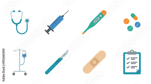 Medical Essentials Icon Set – Healthcare Illustrations Featuring Stethoscope, Syringe, Thermometer, Pills, IV Stand, Scalpel, Bandage Roll, and Checklist for Clinical Graphics and Projects