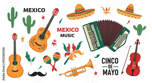 Collection of colorful Mexican cultural icons and instruments like guitars sombreros and maracas for celebrating Cinco de Mayo and music.