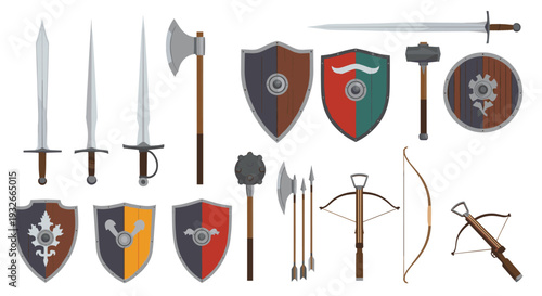 Assorted medieval weapons and protective gear including swords axes shields a mace and a crossbow for historical reenactment or game assets.