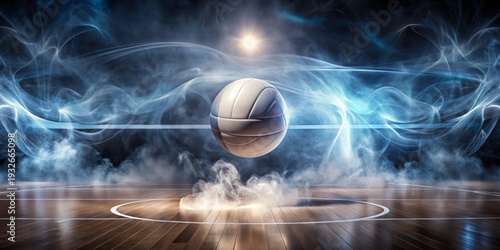 A volleyball hovers dramatically above a smoky indoor court, a powerful image perfect for sports promotions and athletic events