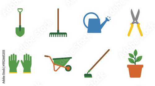 Garden Tools Icon Set – Illustrations Featuring Shovel, Rake, Watering Can, Pruners, Gloves, Wheelbarrow, Hoe, and Potted Plant for Gardening Graphics and DIY Projects