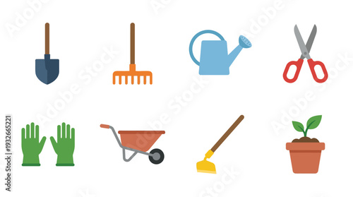 Garden Tools Icon Set – Illustrations Featuring Shovel, Rake, Watering Can, Pruners, Gloves, Wheelbarrow, Hoe, and Potted Plant for Gardening Graphics and DIY Projects