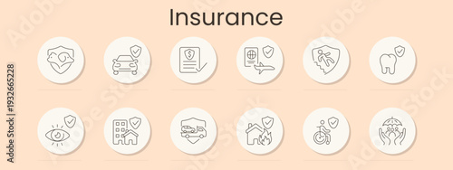 Insurance set icon. Pet shield, car protection, policy document, travel coverage, life contract, dental care, vision shield, property insurance, vehicle security, home fire