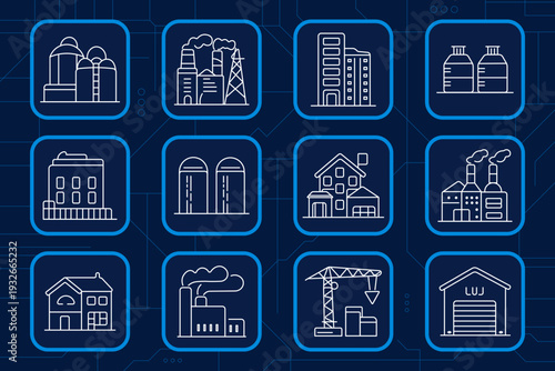 Amusement set icon. Circus tent, toy cat, carousel horse, unicycle, hot air balloon, popcorn, bumper car, park gate, roller coaster, snack stall, castle, big top