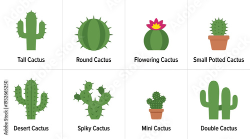 Cactus Icon Set – Potted Succulent Illustrations Featuring Barrel, Prickly Pear, and Saguaro Cacti for Nature Graphics, Home Decor, and Garden Design Projects