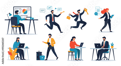 Collection of business people in various office scenes working on laptops running with keys and managing data to show busy corporate life.