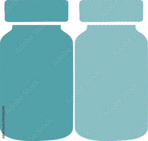 Two teal bottles with rounded tops and striped pattern