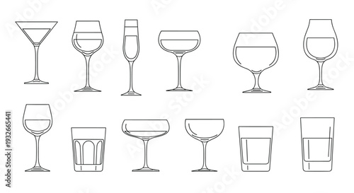 A collection of twelve empty, clear beverage glasses in various styles are precisely arranged in two rows on a plain white surface.