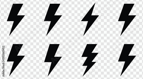 Collection of eight black lightning bolt icons isolated on transparent background for graphic design