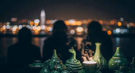 Silhouettes of people enjoying a night view with decorative bottles in the foreground and city lights in the background.