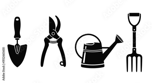 Four distinct black silhouettes of essential gardening tools, including a trowel, shears, watering can, and fork, are neatly arranged on a plain white background.