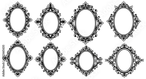 Eight intricately detailed black-outlined oval and diamond-shaped frames, featuring baroque scrollwork, are symmetrically arranged on a pristine white background.