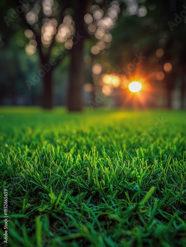 Sunset over lush green grass in a peaceful park