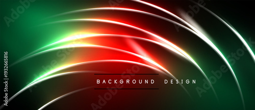 Abstract neon lines create dynamic curves. Vibrant green, red, yellow hues blend into dark background. Modern design element.