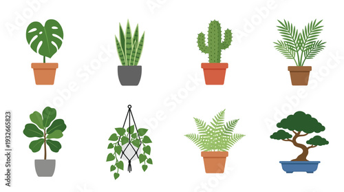 Potted Plant Icon Set – Botanical Illustrations Featuring Cactus, Bonsai, Fern, Monstera, and Hanging Vines for Nature Graphics, Home Decor, and Garden Projects