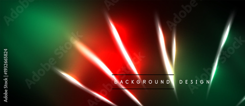 Abstract neon lights, vibrant red, green gradients. Diagonal lines create dynamic visual effect. Dark background enhances luminosity.