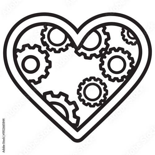 Minimalist Heart Shape with Interlocking Mechanical Gears and Cogs Inside, Representing the Complex Inner Workings of Love and Emotional Logic, Clean Black and White Line Art Vector Icon.