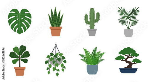 Potted Plant Icon Set – Botanical Illustrations Featuring Cactus, Bonsai, Fern, Monstera, and Hanging Vines for Nature Graphics, Home Decor, and Garden Projects
