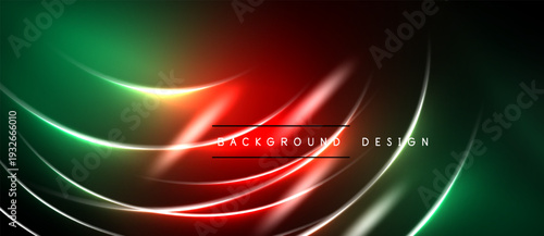 Abstract neon lines create dynamic red, green glow. Dark background emphasizes bright curves, modern design element.
