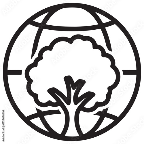 Minimalist black line icon of a leafy tree inside a globe representing global environmental conservation, sustainability, and ecological awareness on a clean white background for branding.