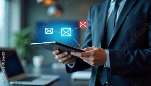 Wallpaper Mural Man using tablet with email icon overlay. Digital communication concept for sending and receiving messages. Business technology. Torontodigital.ca