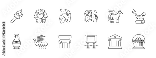 Ancient history mythology set icon. Torch pharaoh helmet philosopher winged horse scroll amphora galley column temple frame pillars depict classical civilization culture heritage era.