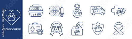 Veterinarian set icon. Collection with pet carrier, bandage patch, syringe, paw pendant, animal ambulance, medical kit, award rosette, donation box, shield emblem, awareness ribbon.