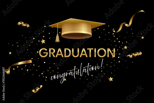 Graduation celebration banner. Golden cap with tassel, confetti, stars, and ribbons on black background. Elegant congratulation design for college, university graduation party. Vector illustration.