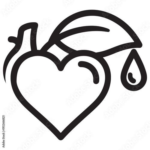 Heart Shaped Fruit Icon with Leaf and Liquid Drop Representing Healthy Nutrition Organic Wellness and Natural Essential Oils Minimalist Black Line Art Graphic on White Background
