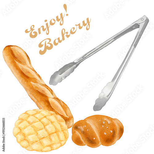 トングとパン3種のリアルなイラスト
